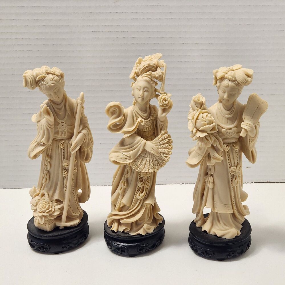 Set of 3 Chinese Resin Maiden Figurines Statues 7.5” Vintage